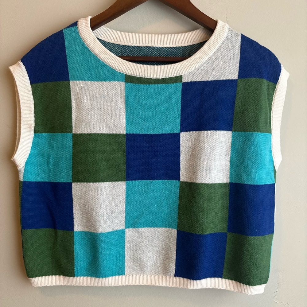 Colorblock Checkered Sleeveless Sweater Vest – Blue Green White – Women’s